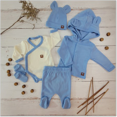 KOMPLEKTS zīdaiņu kokvilnas apģērbs, 5-daļīgs, gaiši zils ar austiņām